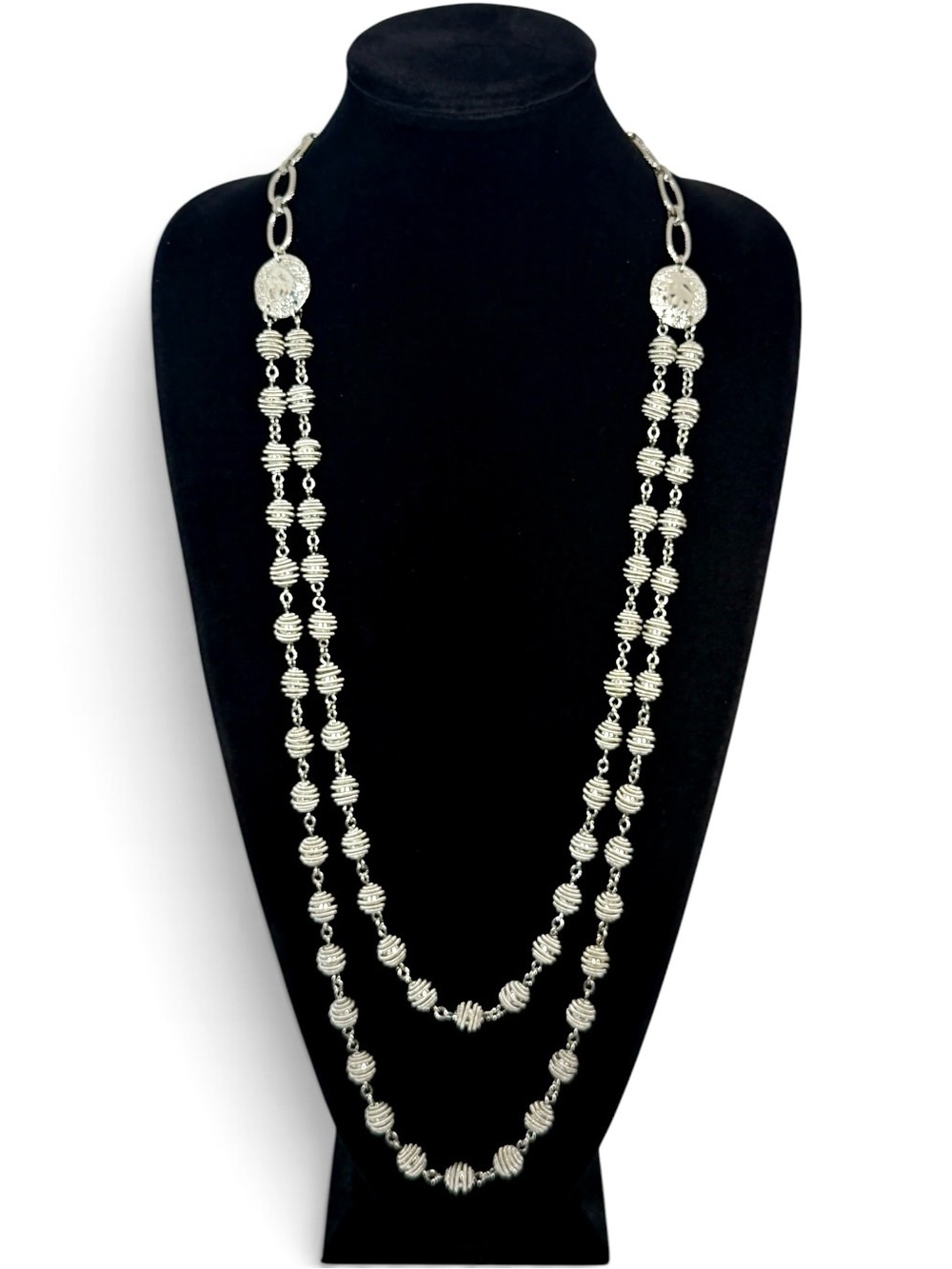 CHICO’S Long Silver Wire Wrapped Ball Layered Necklace 36” NWT